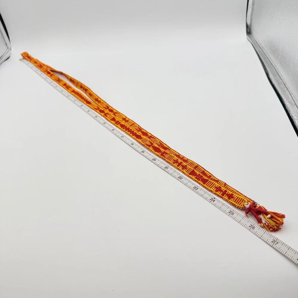 Vintage Guatemalan Handwoven Worry Doll Belt Sash Red Yellow Geometric 52 Inch